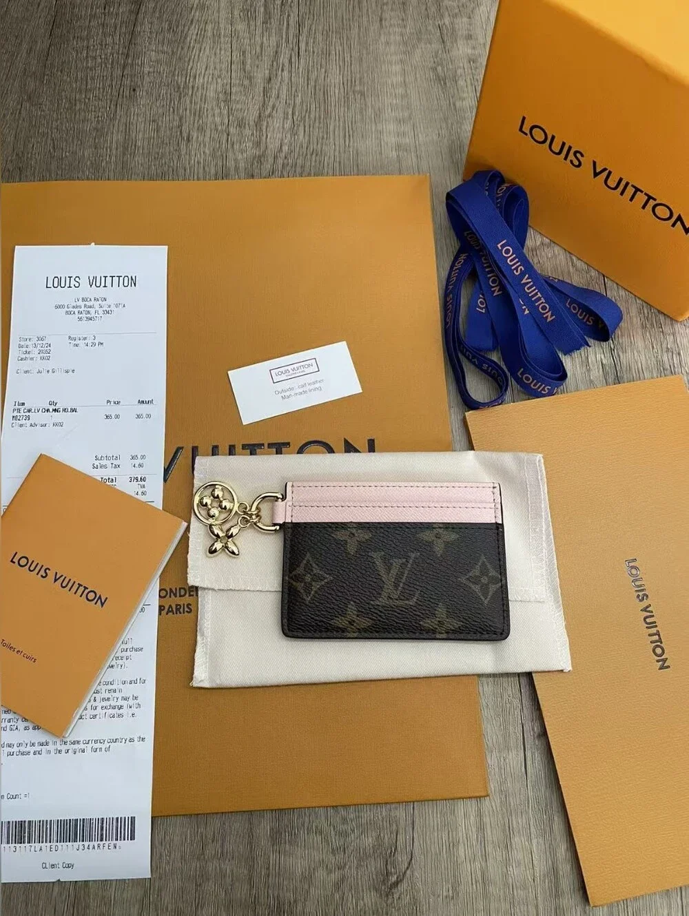 Louis Vuitton Monogram Card Holder with Pink Trim and Gold Charm Keyring